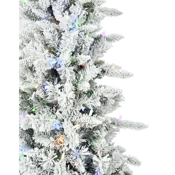 Fraser Hill Farm 6.5Ft. Slim Mountain Pine Flocked Christmas Tree with Multicolor LED Lights