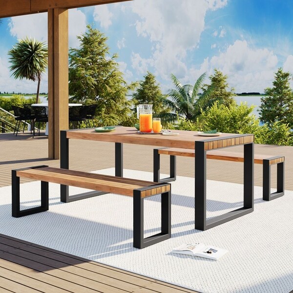 3Pieces Outdoor Dining Table With 2 Benches，Patio Dining Set With Unique Top Texture