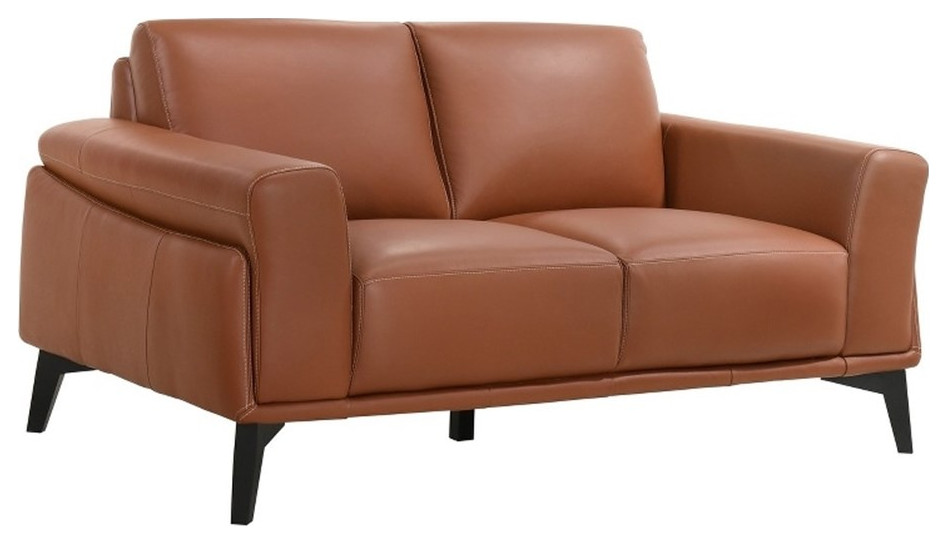 Leather Upholstered Loveseat with Track Arms and Contrast StitchingPink   Midcentury   Loveseats   by Homesquare  Houzz