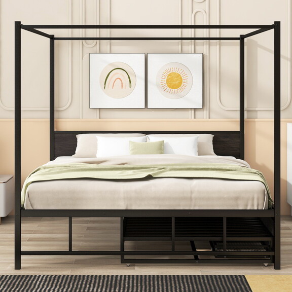 Queen Size Metal Canopy Platform Bed with Twin Siz...