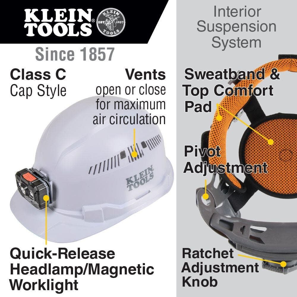 Klein Tools Hard Hat Vented Cap Style with Rechargeable Headlamp White 60113RL from Klein Tools