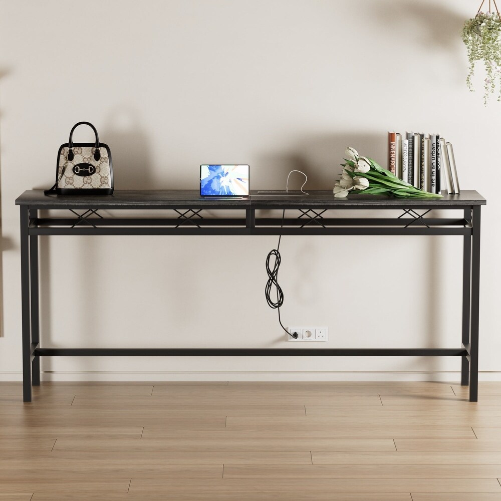 Javlergo Console Table with with Charging Station   USB Ports  Charcoal Gray