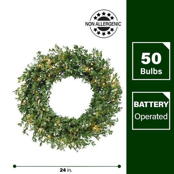 Fraser Hill Farm 24 Boxwood Green Christmas Décor Wreath with Clear LED Lights