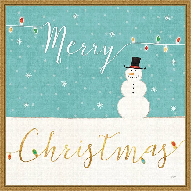 X 16 quot Merry Christmas Snowman By Veronique Charron Framed Canvas Wall Art Amanti Art