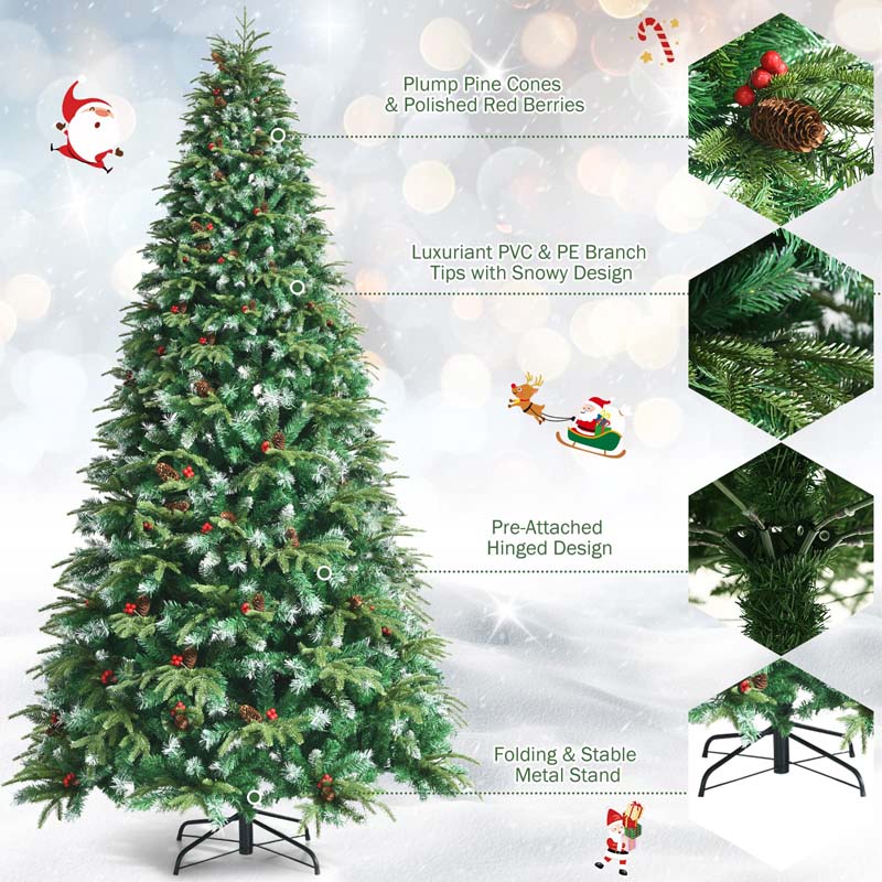 5/6/7/9FT Snowy Leaves Pre-Lit Hinged Artificial Christmas Tree with 11 Flash Modes & Multi-Color Lights