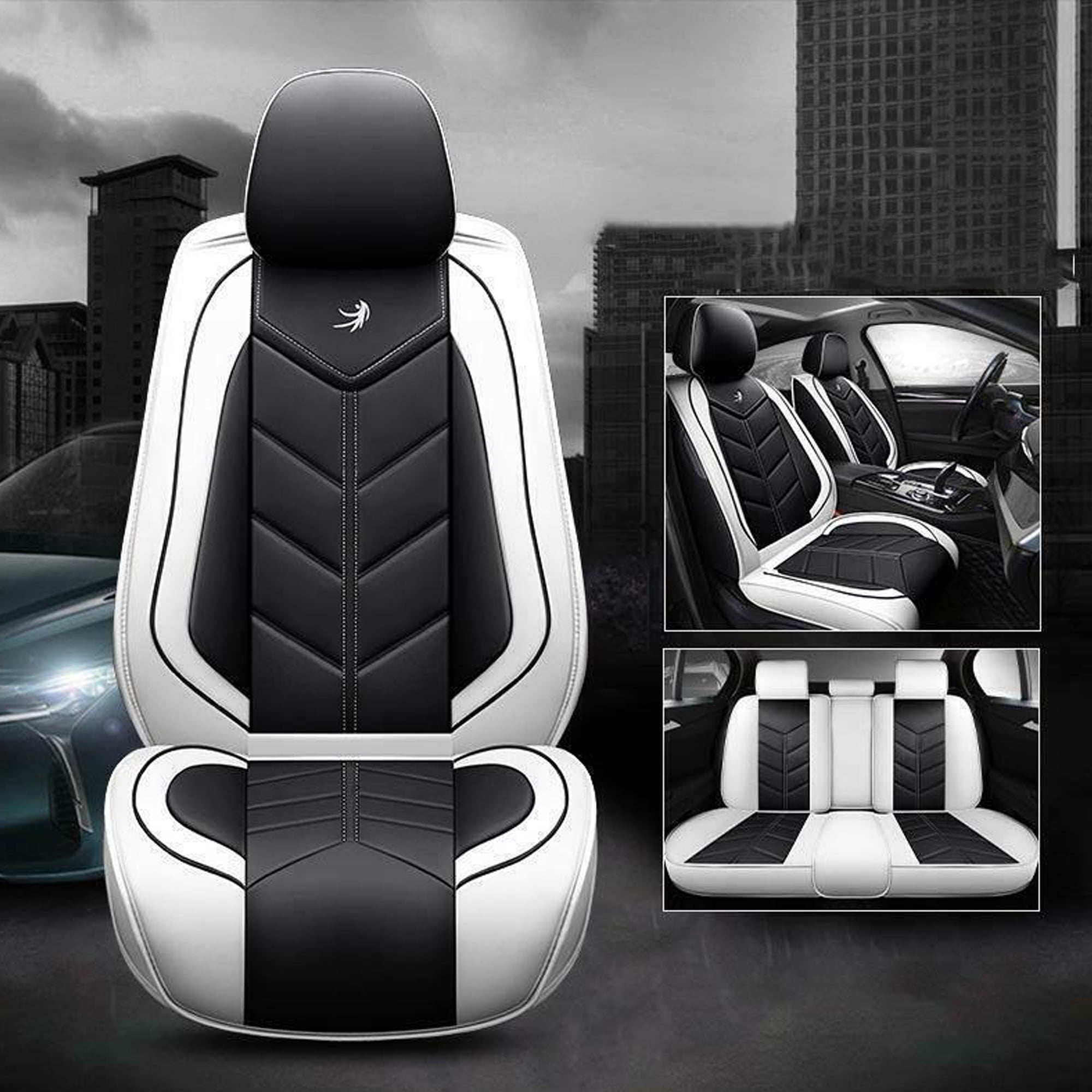 NINTE Universal Car 5-Seat Covers Protector Front Rear Black and White PU Leather Auto Seat Cushion 3Pcs