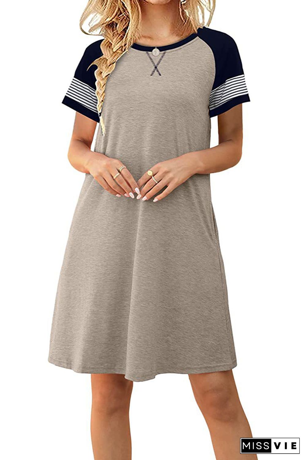 Striped Short Sleeve Splicing O-neck T-shirt Dress Wholesale