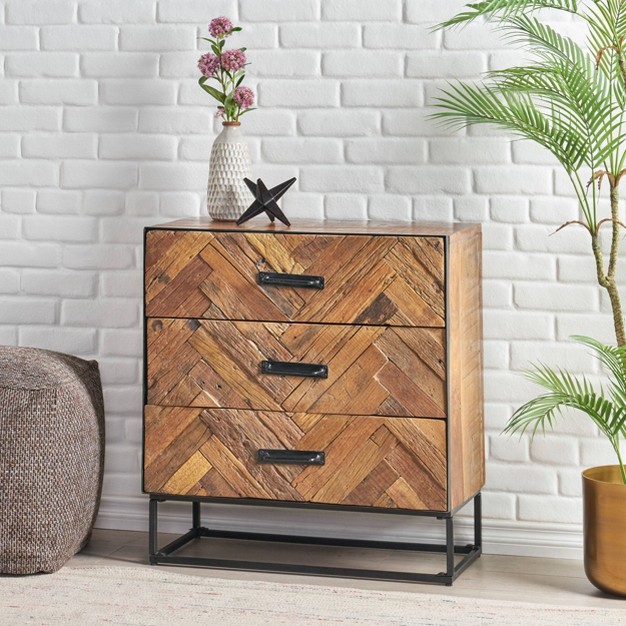 Burdine Handcrafted Boho Wood 3 Drawer Cabinet Natural black Christopher Knight Home