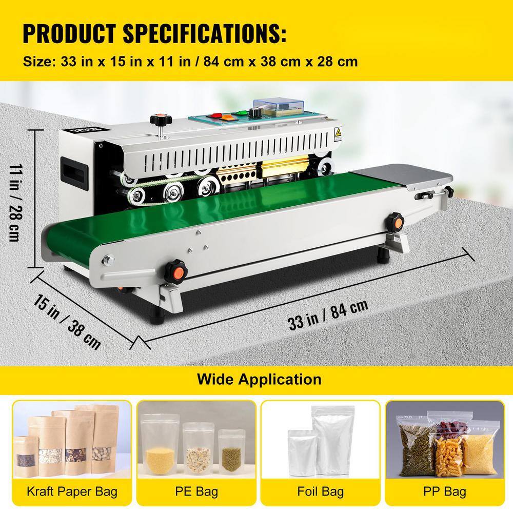 VEVOR Continuous Band Sealer Stepless Speed Adjusting Auto Horizontal Food Vacuum Sealer Machine for PVC Bags Silver FKJFR900WSBM00001V1