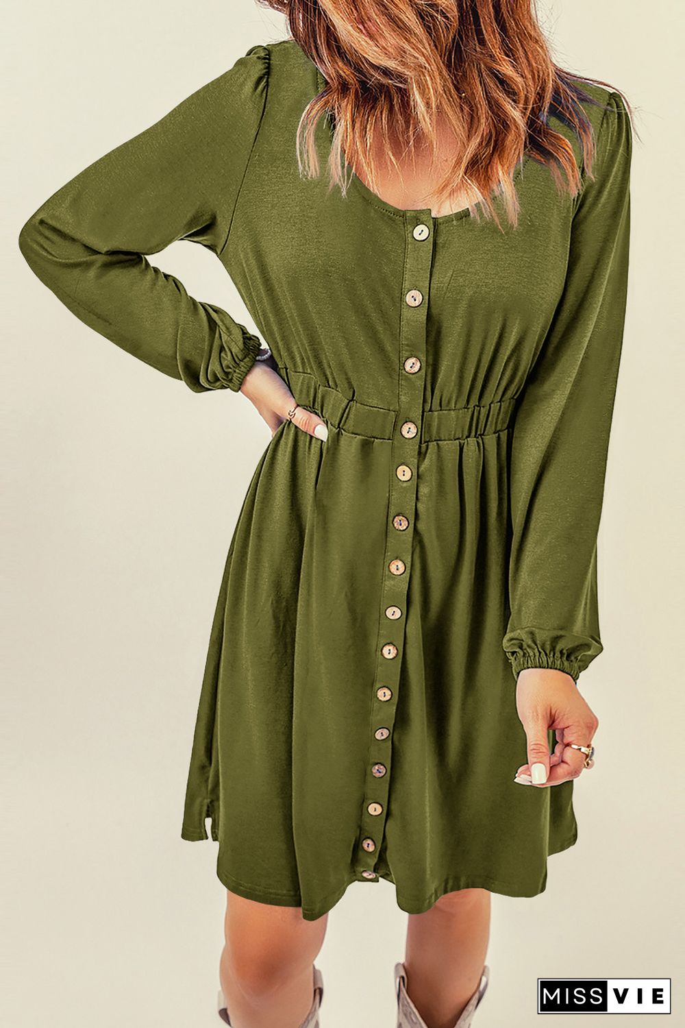 Green Button Up High Waist Long Sleeve Dress