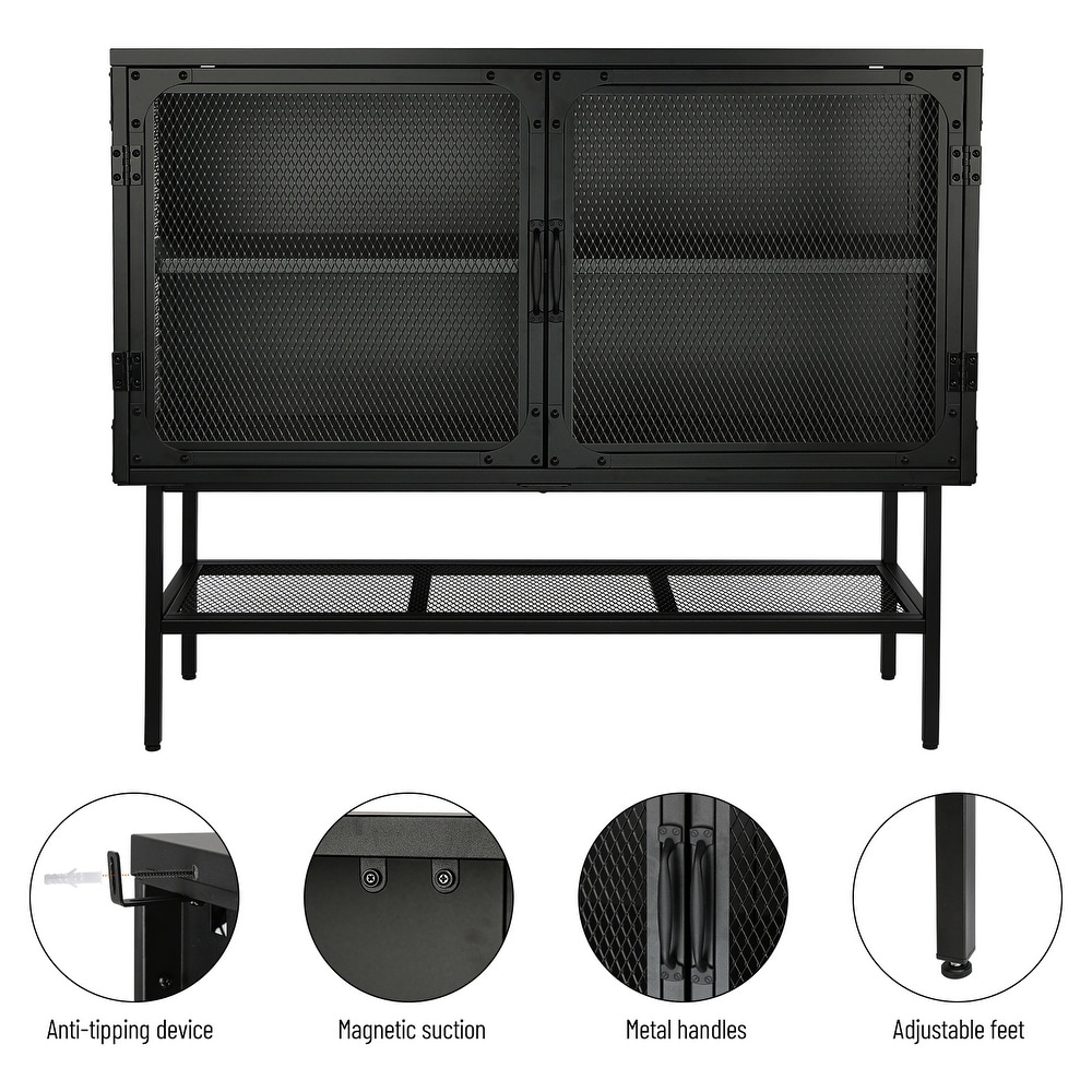 43 inch wide Industrial Metal Sideboard Storage Cabinet Buffet Cabinet with Double Mesh Doors and Open Shelf for living room