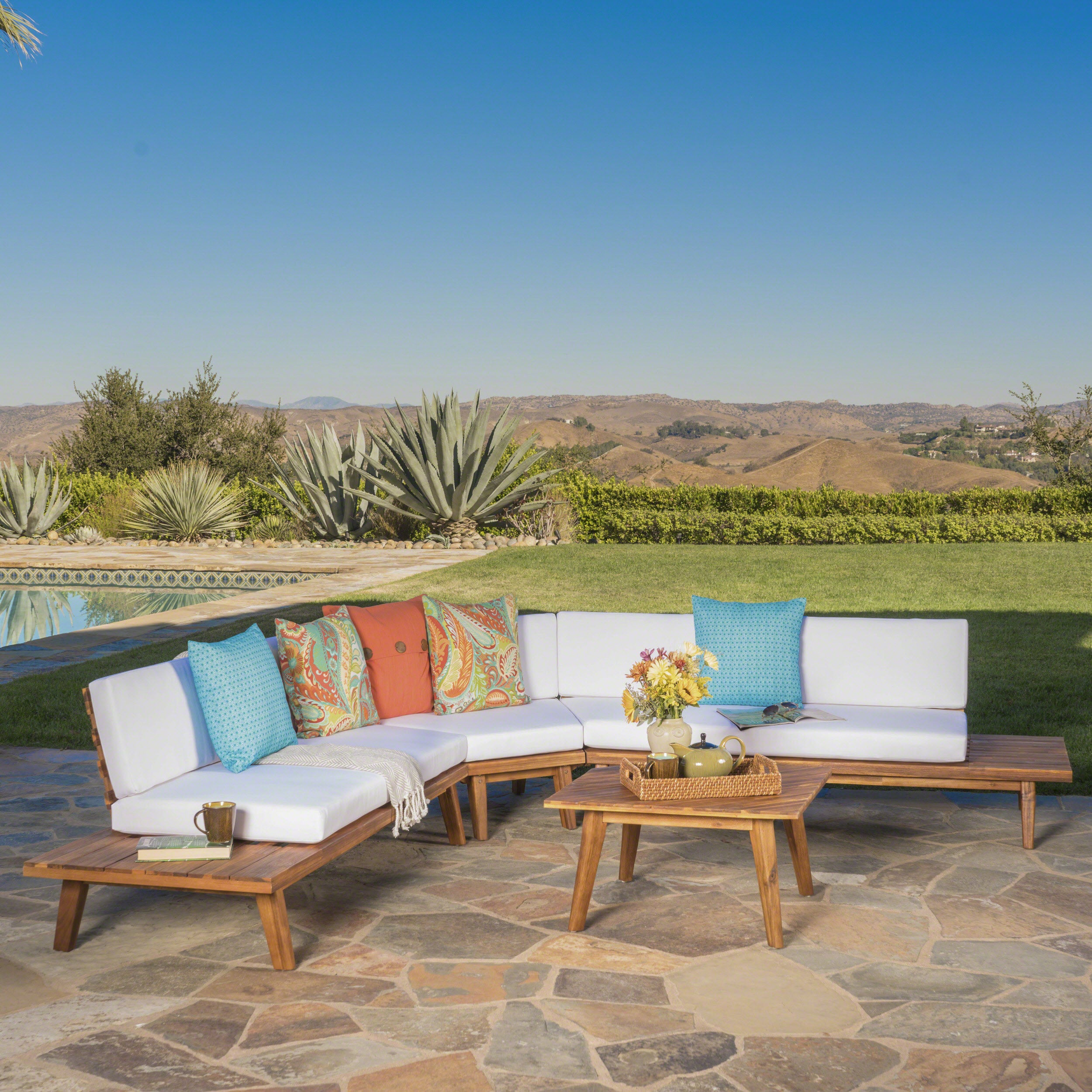 Hillside Mid Century Modern Outdoor Wood Platform Sectional With Built In End Tables & Coffee Table