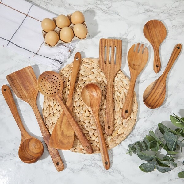 Wood Utensils Set for Cooking， 9 Piece Set Spoons and Spatulas for Kitchen