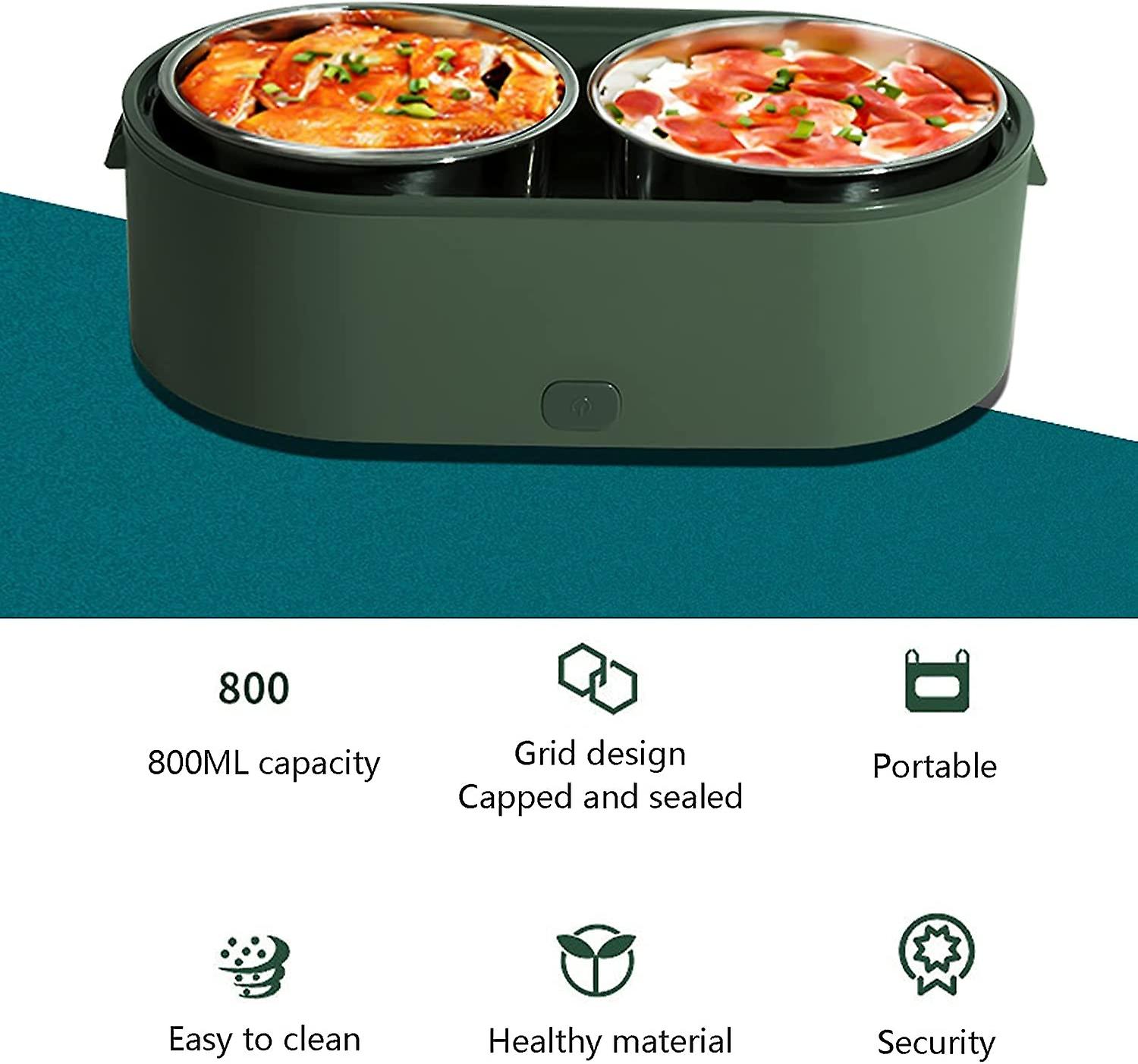 Usb Electric Heated Lunch Boxes 304 Stainless Steel Portable Food Warmer With 2 Container Heated Lunch Box For Car， Home，green