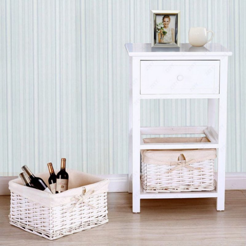 3 Layer 1 Drawer Nightstand End Table with 2 Baskets-White