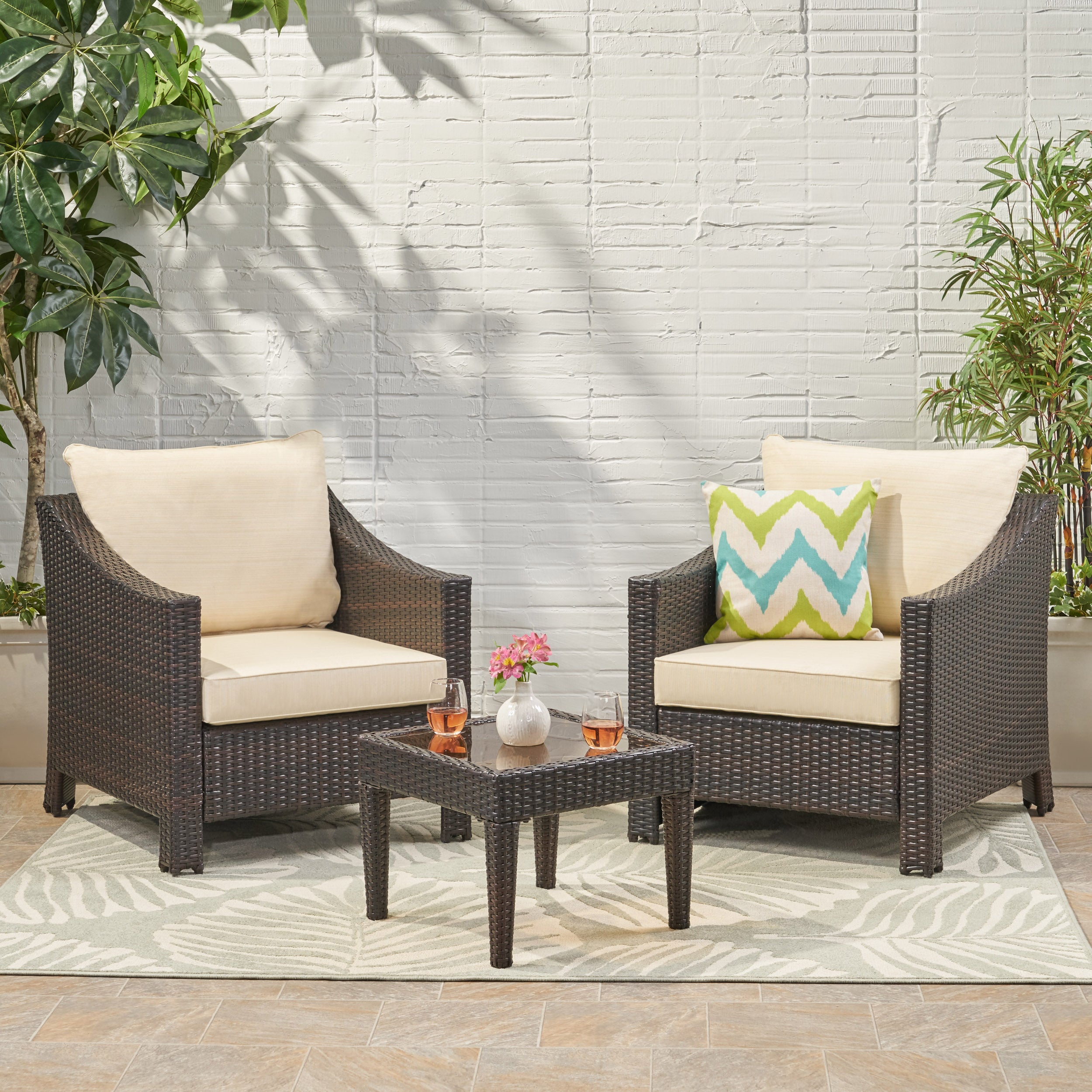 Jones Outdoor 3-piece Brown Wicker Bistro Set with Cushions