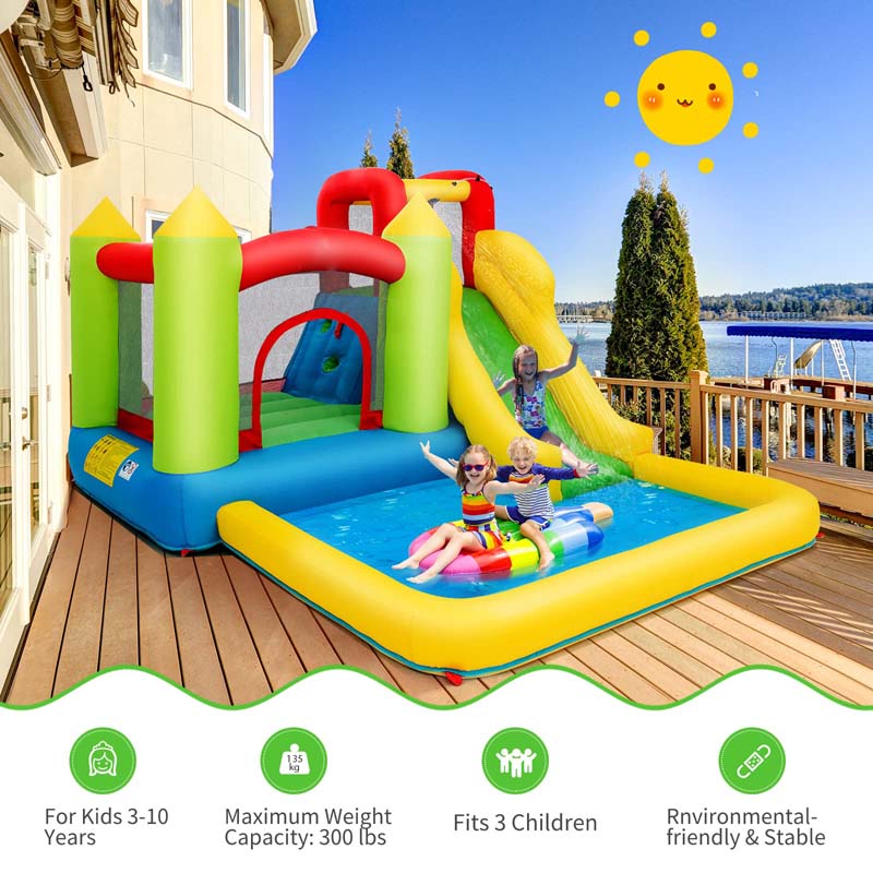 5-in-1 Kids Inflatable Water Slide Bounce House Water Park with Trampoline, Climbing Area, Large Splash Pool, Air Blower