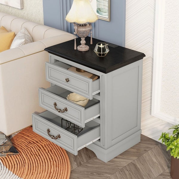 Nightstand with 3 Drawers + USB Charging Ports - - 37981784