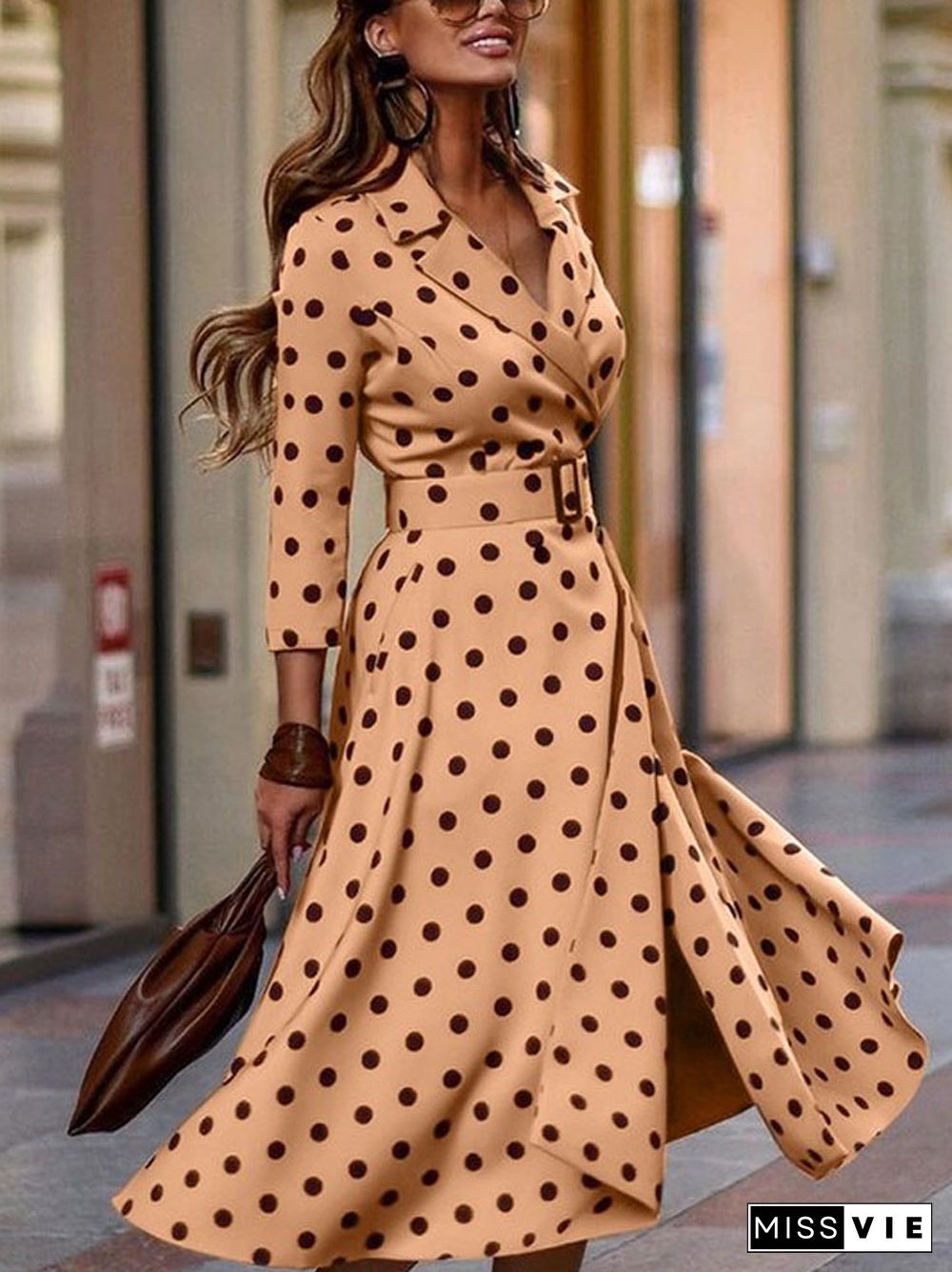 Fashion Polka Dot Printed V-neck Slim Long Skirt