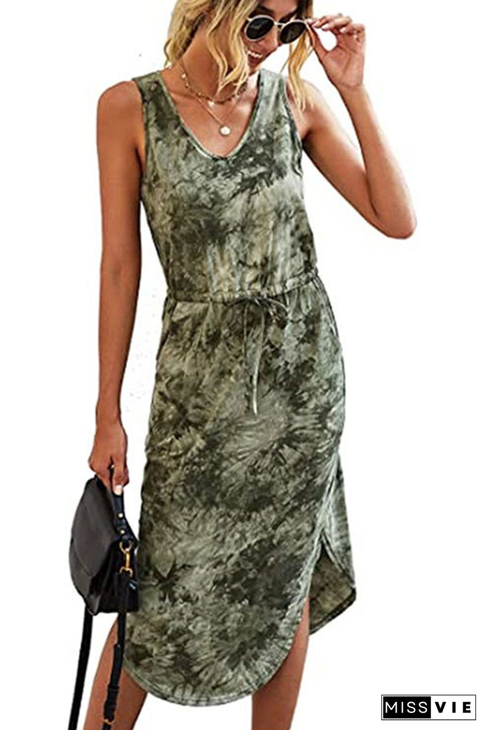 Printed Drawstring Sleeveless Dresses