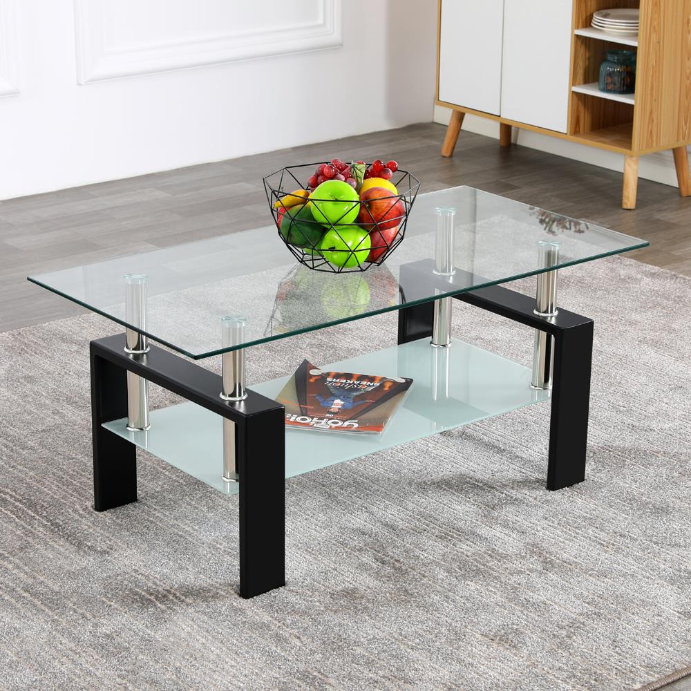 Ubesgoo Glass Double Tiers Coffee Table Rectangular Black