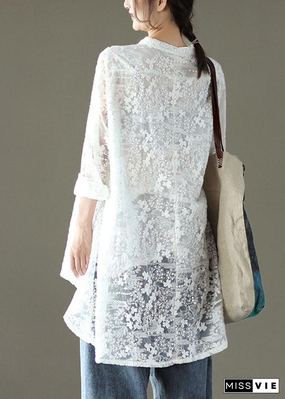 Loose White Hollow Out Lace UPF 50+ Shirts Long Sleeve