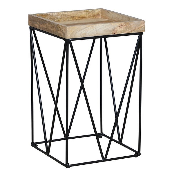 24 Inch Industrial End Side Table， Mango Wood Square Tray Top， V Shape Iron Accent， Brown， Black