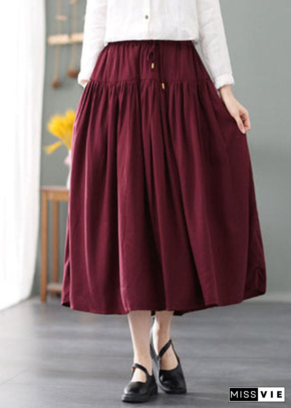 Simple Mulberry tie waist wrinkled Cotton Skirts Spring