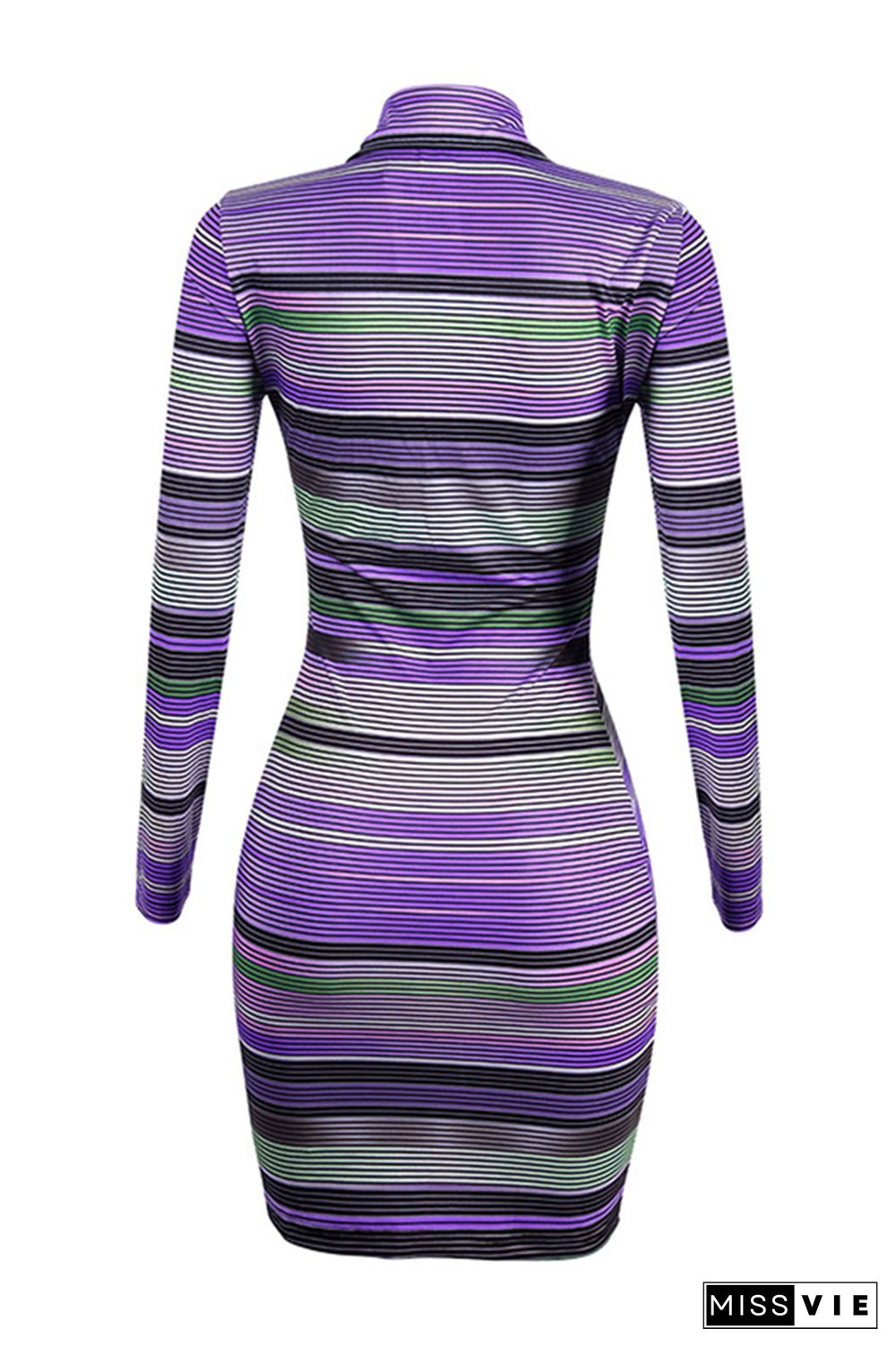 Multicolor Turn Down Neck Buttons Up Bodycon Long Sleeve Dress