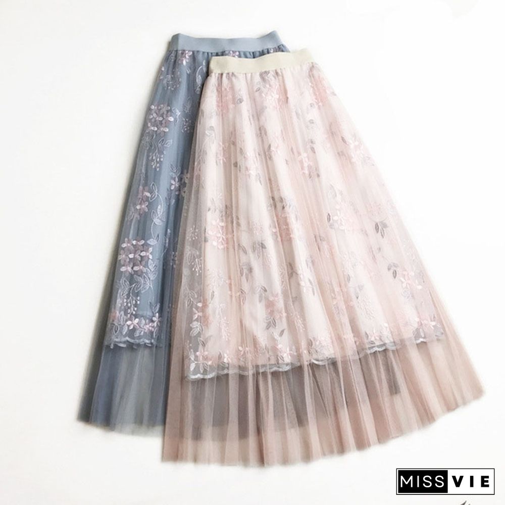 Summer Korean Skirt Heavy Work Embroidered High Waist A Word Long Skirt Fairy Mesh Skirt