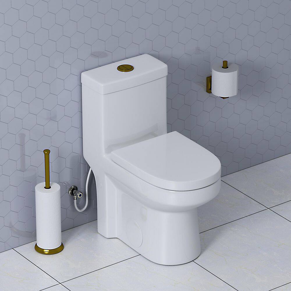 HOROW 1-piece 0.81.28 GPF High Efficiency Dual Flush Round Toilet in White with Seat Included and Brushed Gold Button HR-0033G