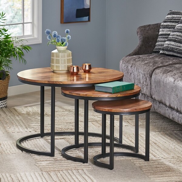 Modern 3Piece Black+Natural Nesting Coffee Table Set