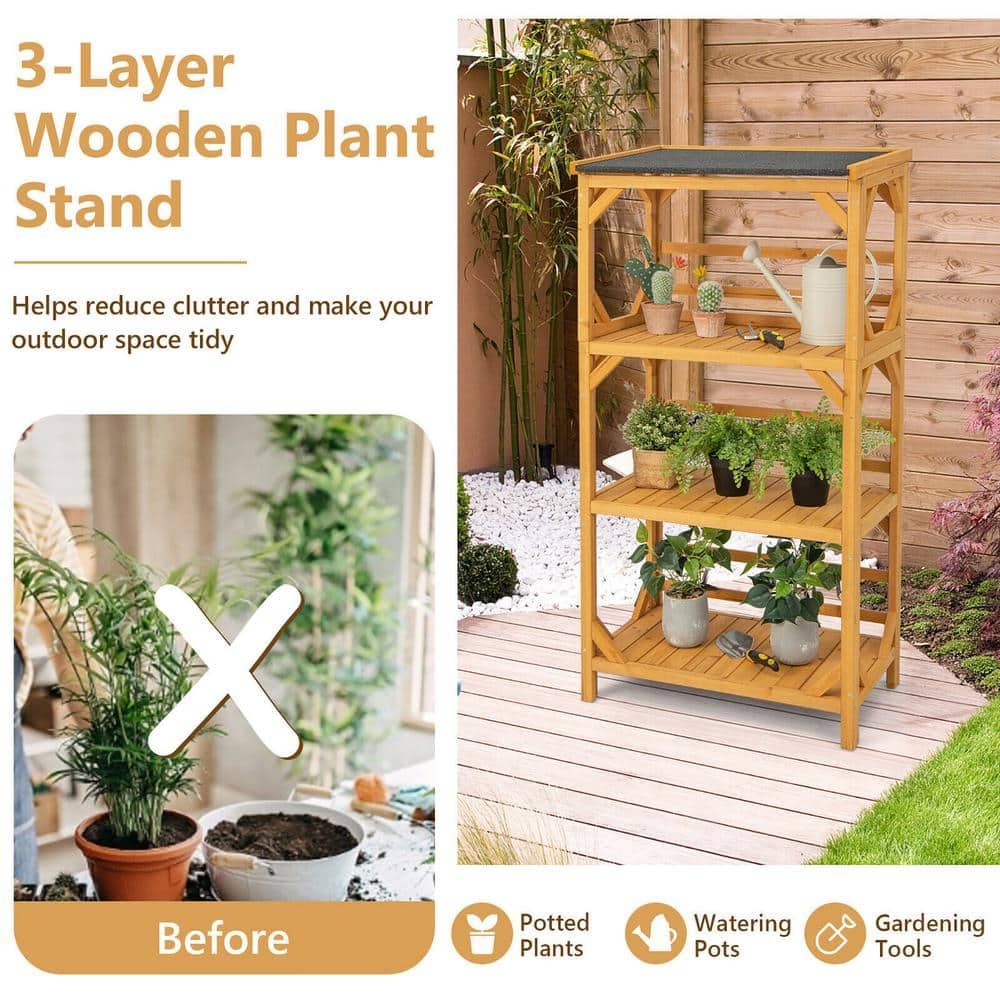 Gymax 54 in. H Outdoor Wood Garden Shelf 3-Tier Ladder Plant Stand wWeatherproof Asphalt Roof GYM11499