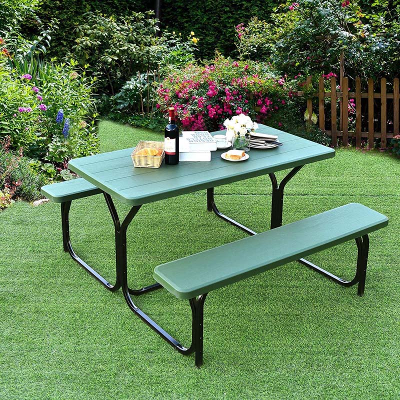 Outdoor Picnic Table Bench Set, All-Weather Dining Table Set, Metal Base Wood-Like Texture, Large Camping Table for Lawn Garden Backyard