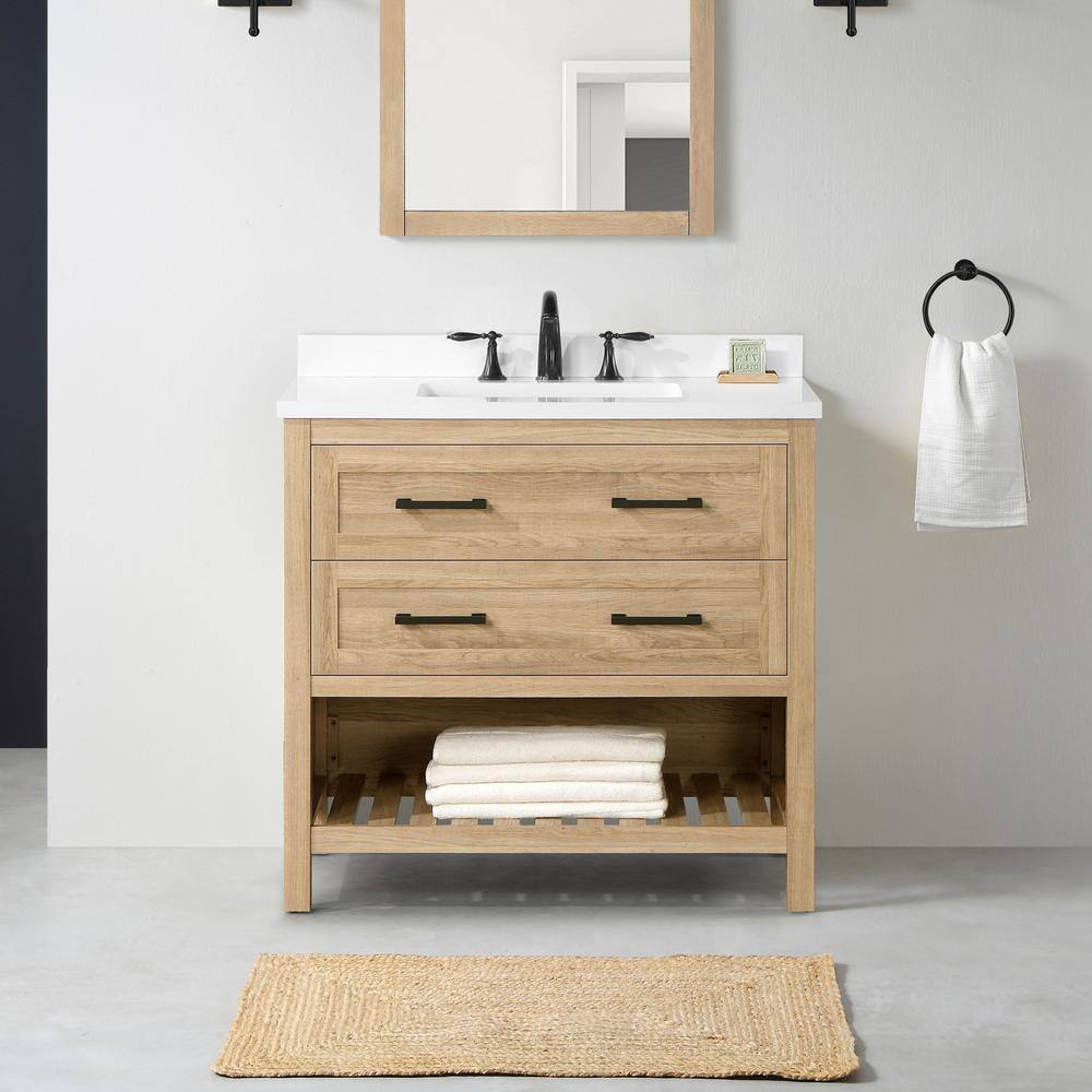 Home Decorators Collection Autumn 36 in. W x 19 in. D x 34.50 in. H Freestanding Bath Vanity in Weathered Tan with White Engineered Stone Top Autumn 36WT