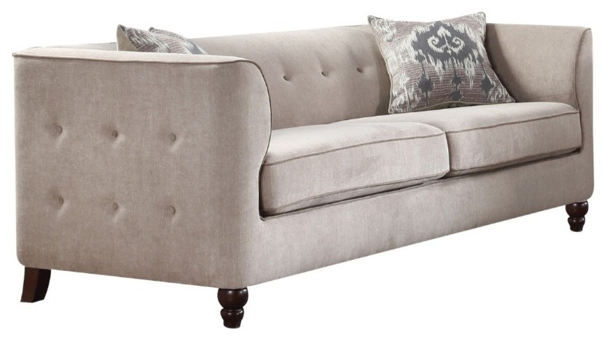 Vintage Style Fabric And Wood Sofa With 2 Pillows  Gray   Traditional   Sofas   by VirVentures  Houzz