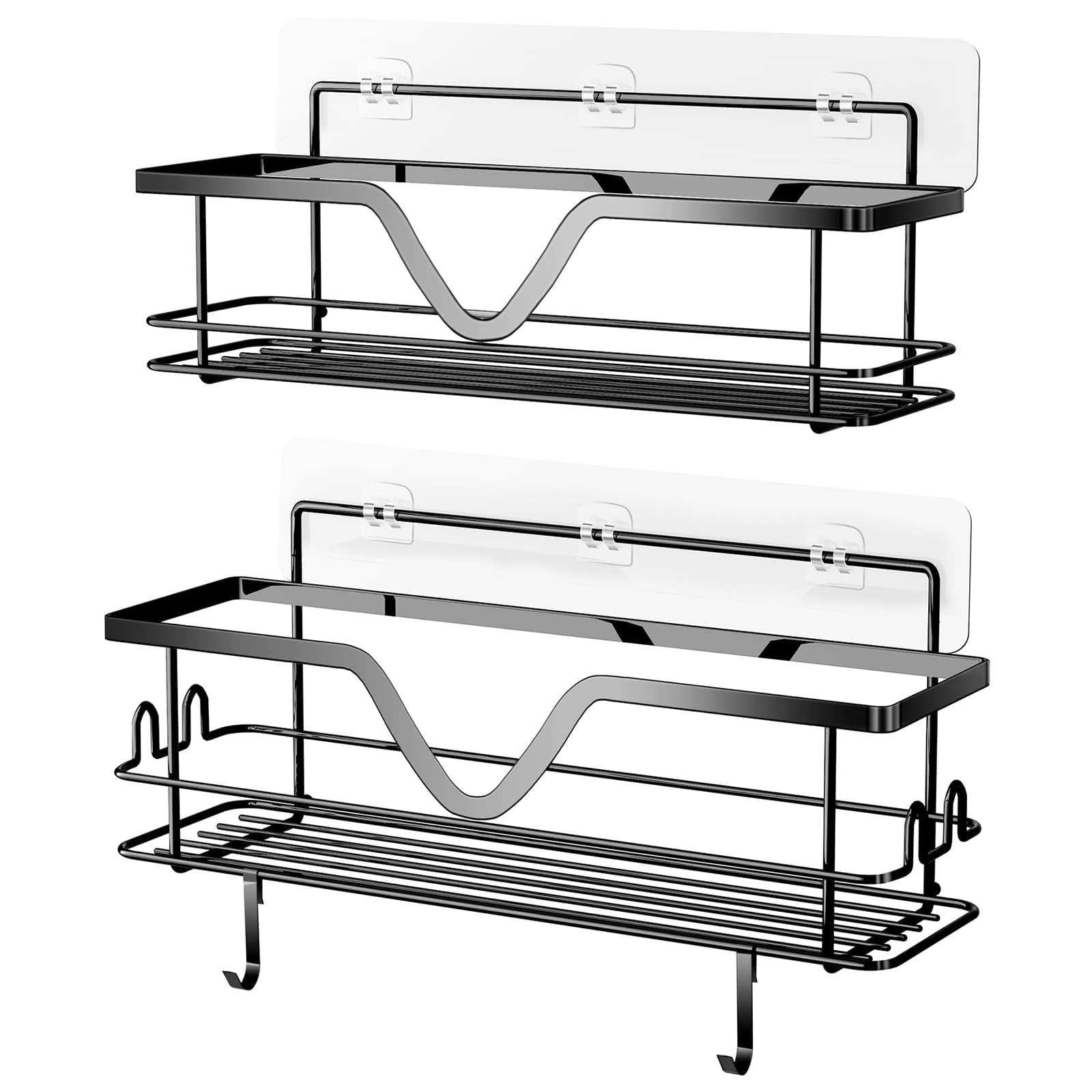 CHERISHGARD Shower Caddies 2 PACK - No Drilling Adhesive Shower Organizer with Hooks, Rustproof SUS304 Stainless Steel Bathroom Shower Shelf, Shower Rack Large Shower Holder & Kitchen Storage (Black)