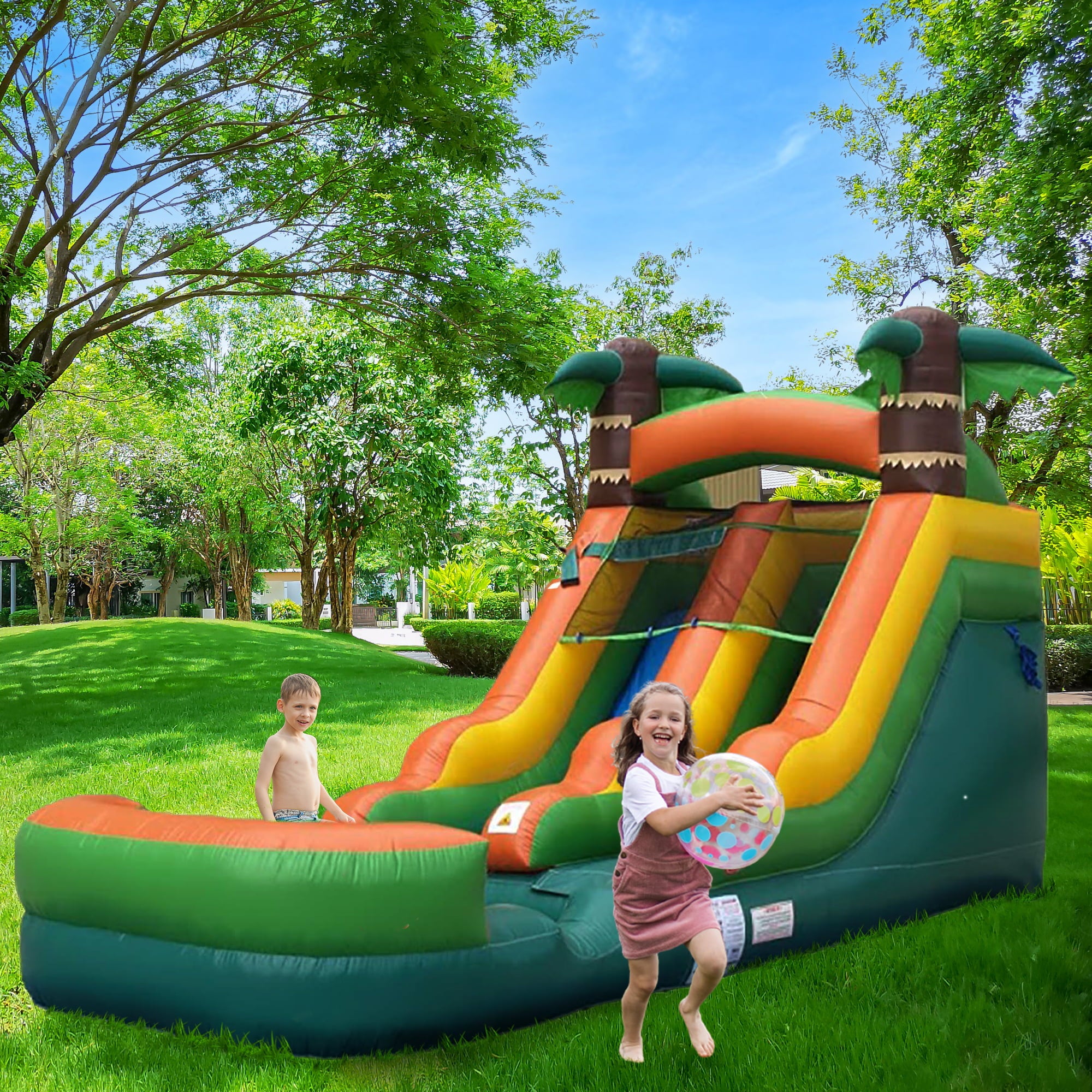 Pogo Bounce House Crossover Tropical Inflatable Water Slide, Backyard Party Package, 12 ft