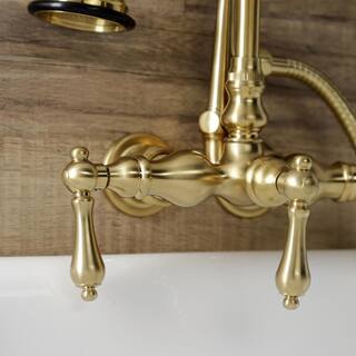 Kingston Brass Aqua Vintage 3-Handle Wall-Mount Clawfoot Tub Faucets with Hand Shower in Brushed Brass HAE7T7