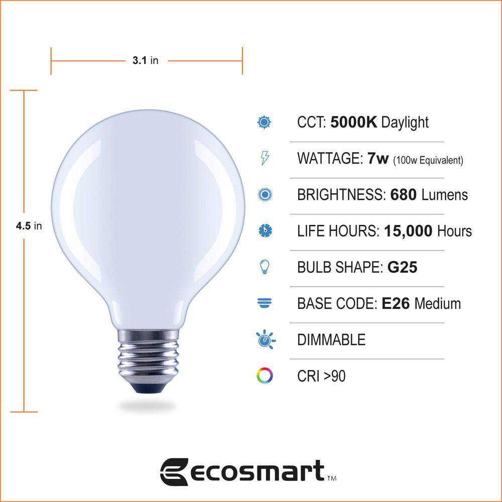 EcoSmart 100-Watt Equivalent G25 Dimmable Globe Frosted Glass Filament LED Vintage Edison Light Bulb Daylight (3-Pack) FG-04217