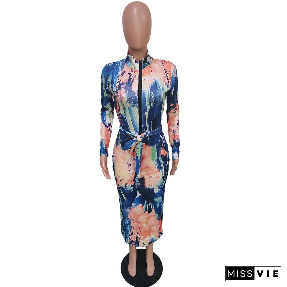 Printing Zipper Long Sleeve Bodycon Maxi Dress