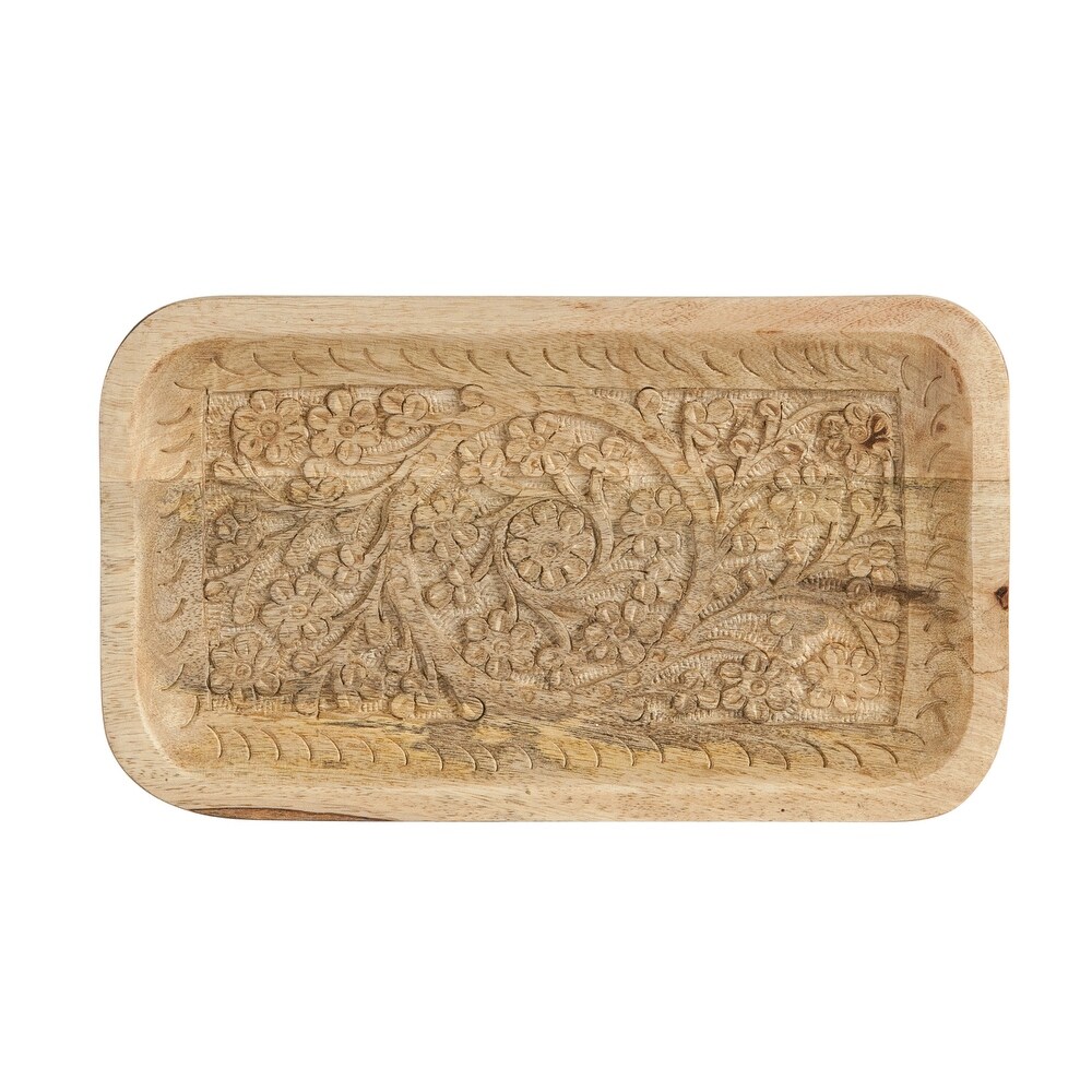 Handcarved Mango Wood Tray with Intricate Floral Designs