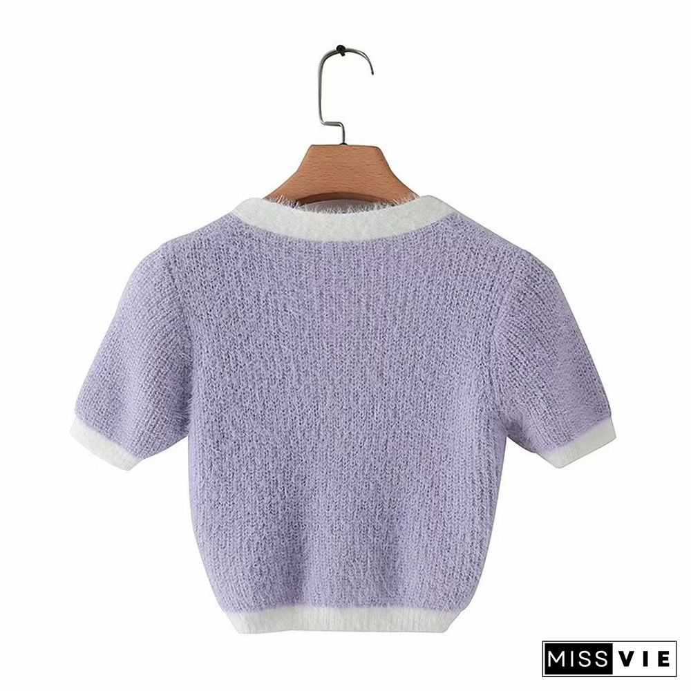 Spring Korean Sweater Women Vintage Pink Cardigan Knitted Cute Sweater Punk Crop Sweater Knit Korean Cardigans Cute Purple