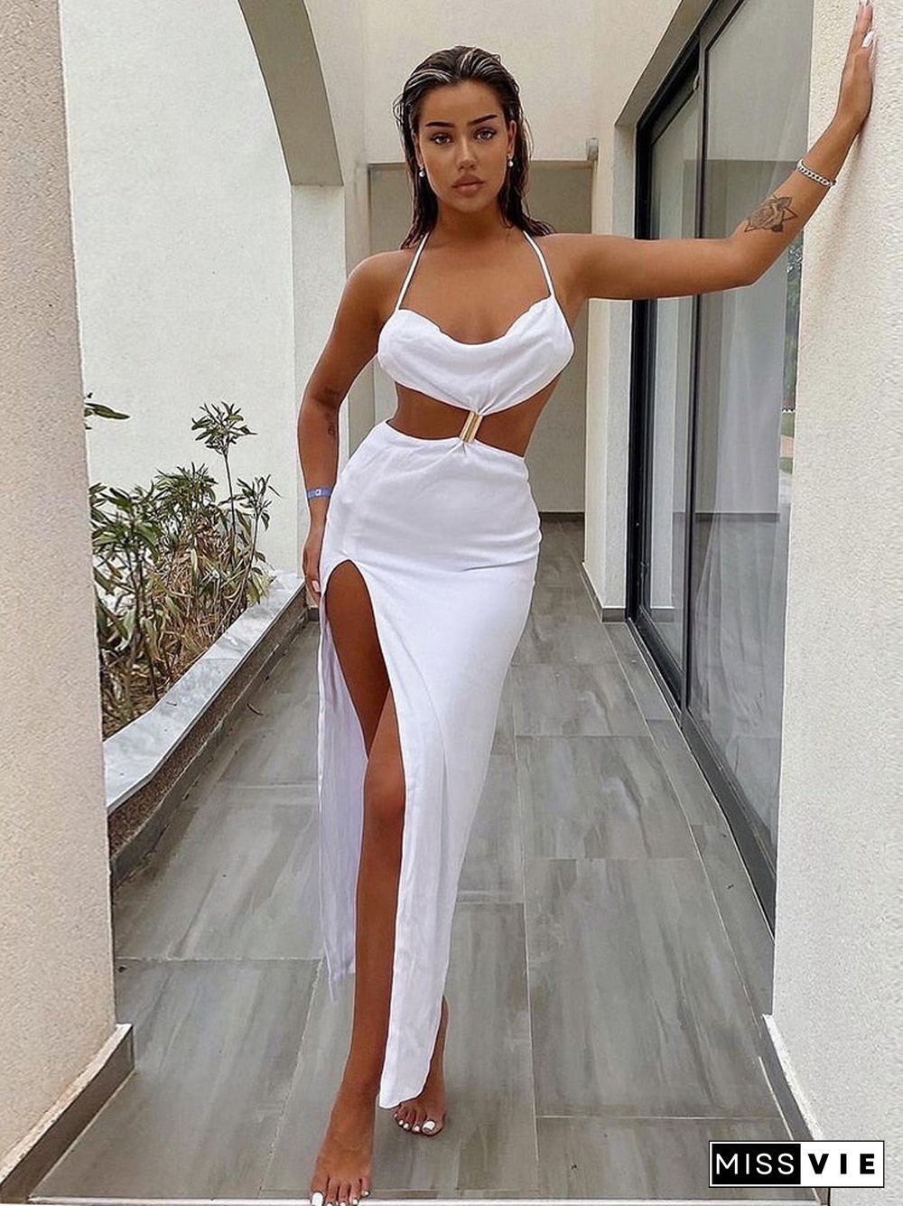 Straps Sexy Backless Split Maxi Dress Summer Holiday Elegant Cut Out Sleeveless Dresses Evening Club Party Solid