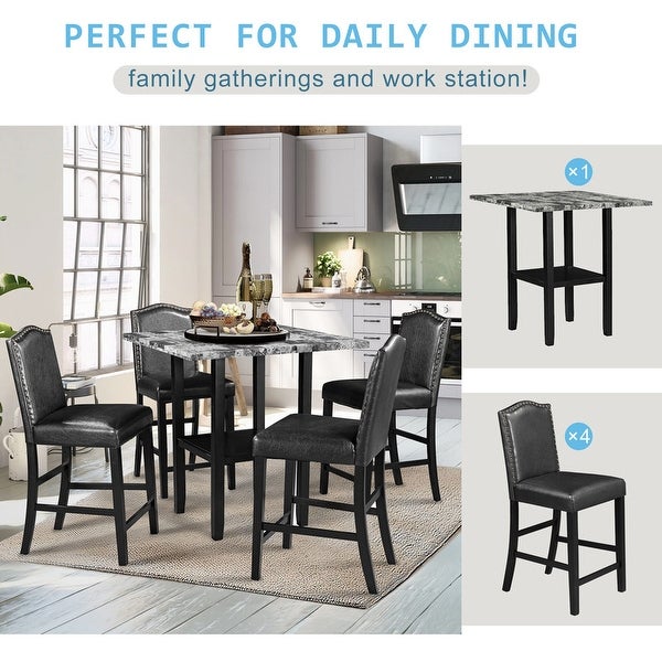 5 piece kitchen table， faux marble countertop， bottom shelf and 4 black leather upholstered chairs