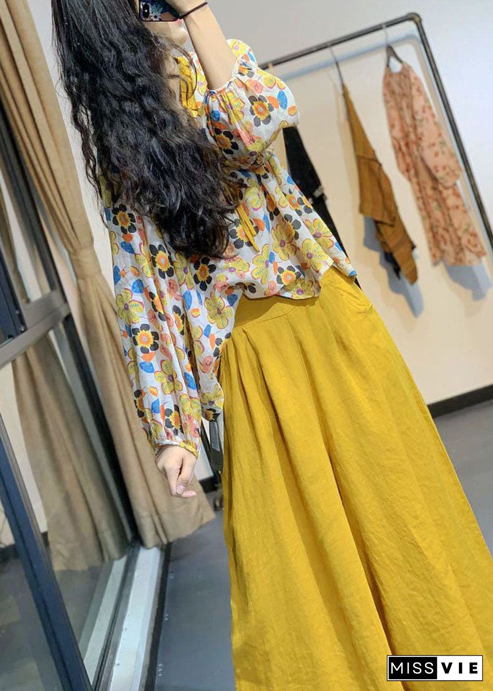 Bohemian Yellow V Neck Print Lace Up Linen Shirt Tops Spring