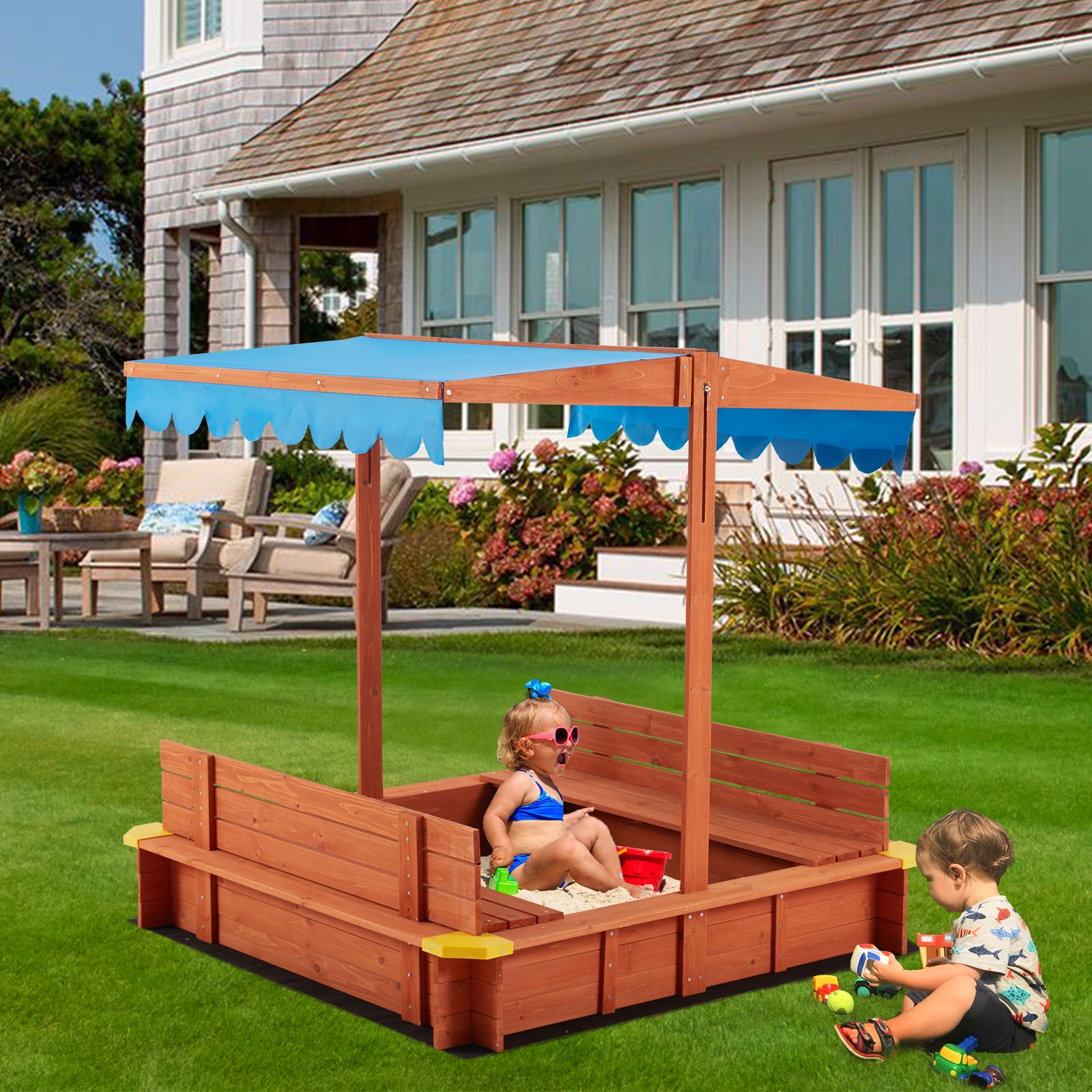 AVAWING Kids Sandbox with Canopy(47.2x 47.2x 47.2)，Wooden Sandbox Toys for Toddlers aged 2-4， with Two Beach Seats， UV-Resistant and Adjustable Height Roof Sand Protection， Blue and Red