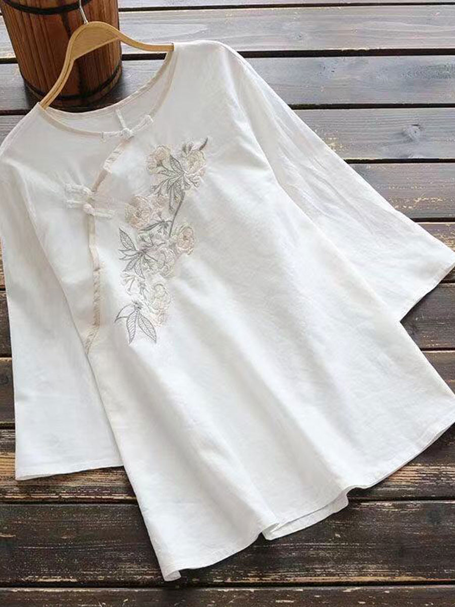 Round Neck Casual Loose Floral Embroidered Short Sleeve Blouse