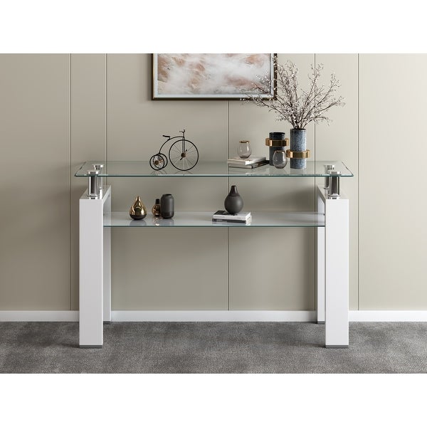 Tempered Glass Top Rectangular Double-Layer Console Table with MDF Legs， For Living Room， Foyer Console Table