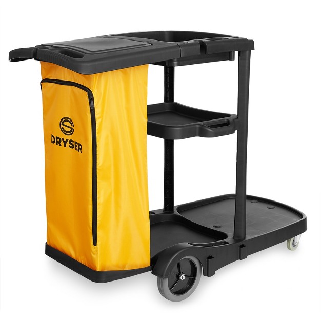 Dryser Commercial Janitorial Cleaning Cart On Wheels Housekeeping Caddy With Shelves And Vinyl Bag Black